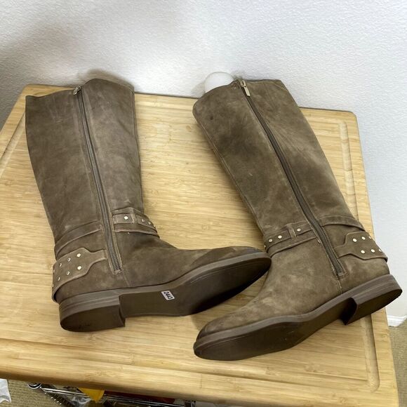 Nine West Boots Size 6.5 Brown Leather Tall Riding Studded Side Zip Western - Picture 7 of 12